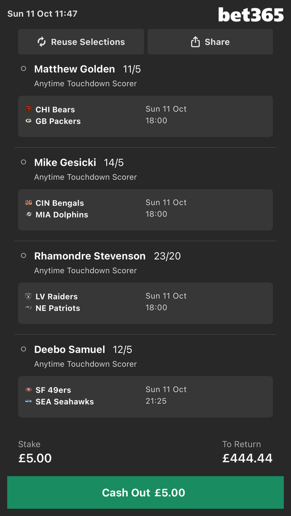 Sunday TD betting tip for week 5